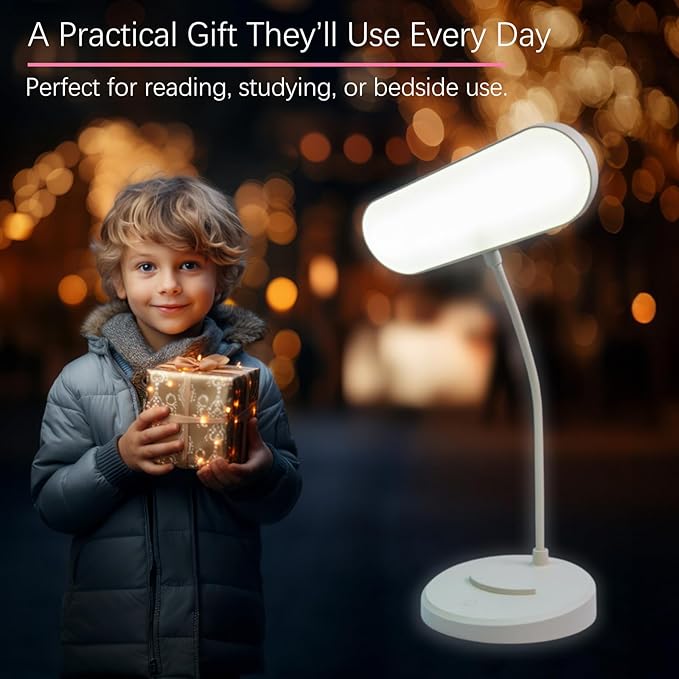 Desk Lamp, Eye-Caring LED for Students, Touch Dimmable, 3 Color Modes, USB-C Rechargeable, Flexible Gooseneck with Phone Holder, Study & Reading Lamp for Dorm/Office/Home
