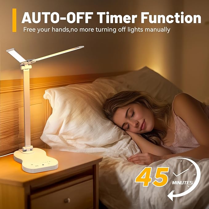 LED Desk Lamp with USB Charging Port, 5 Color Modes 10 Brightness, Dual Swing Arm Dimmable Desk Lamps for Home Office Nail Dorm (White)