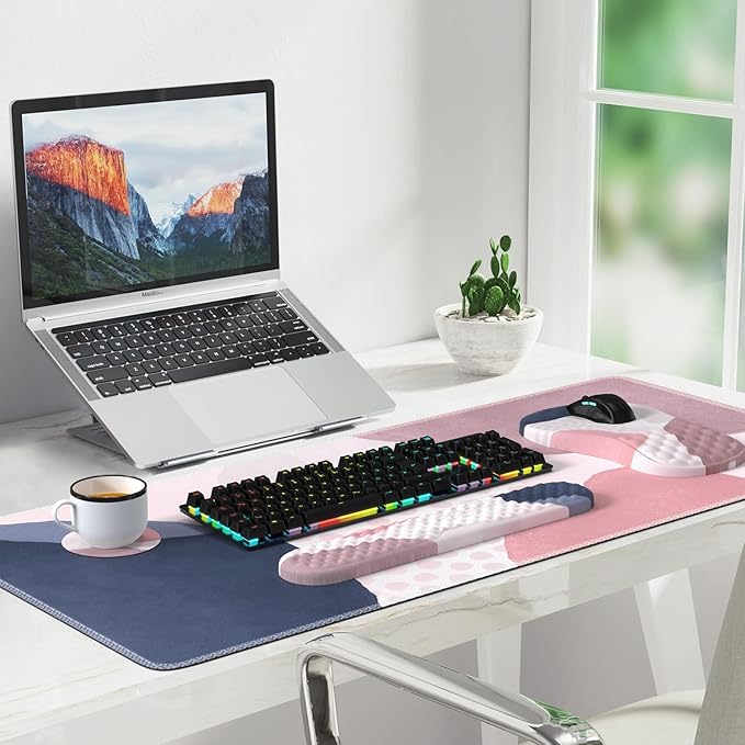 Desk Mat for Keyboard and Mouse, Ergonomic Mouse Pad Set, Pink Boho Navy