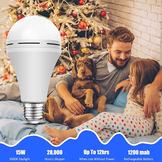 Neporal LITE Emergency Rechargeable Light Bulbs A19, Light Up to 48 hrs, Battery Operated Light Bulb, 5000K E26 LED Bulb, Emergency Lights for Home Power Failure (Daylight-4PK, 15, Watts)