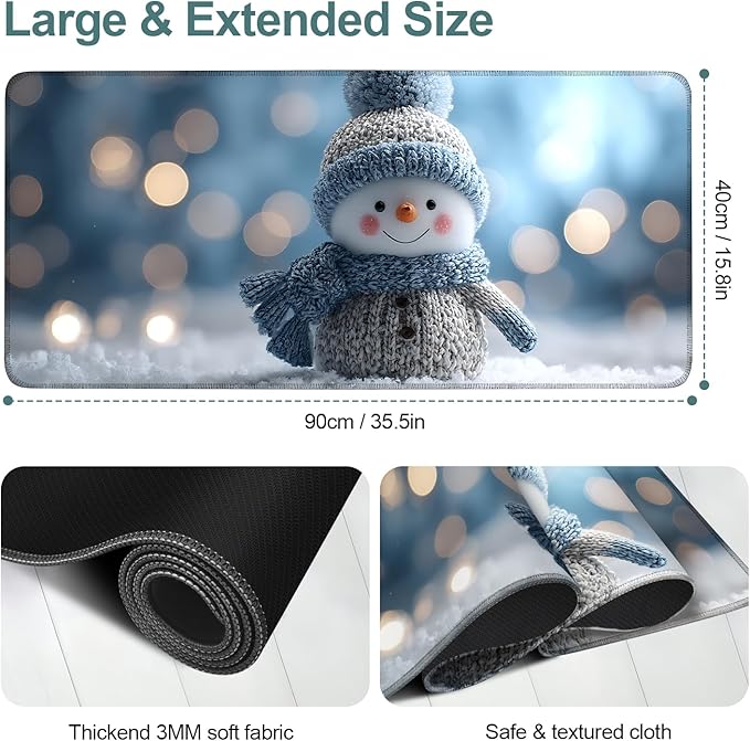 Christmas Snowman Extended Gaming Mouse Pad 35.4x15.7Inch Large Desk Mat Anti-Slip Rubber Base & Durable Stitched Edges for Gamers Smooth Mouse Writing Surface for Desk Office/Home