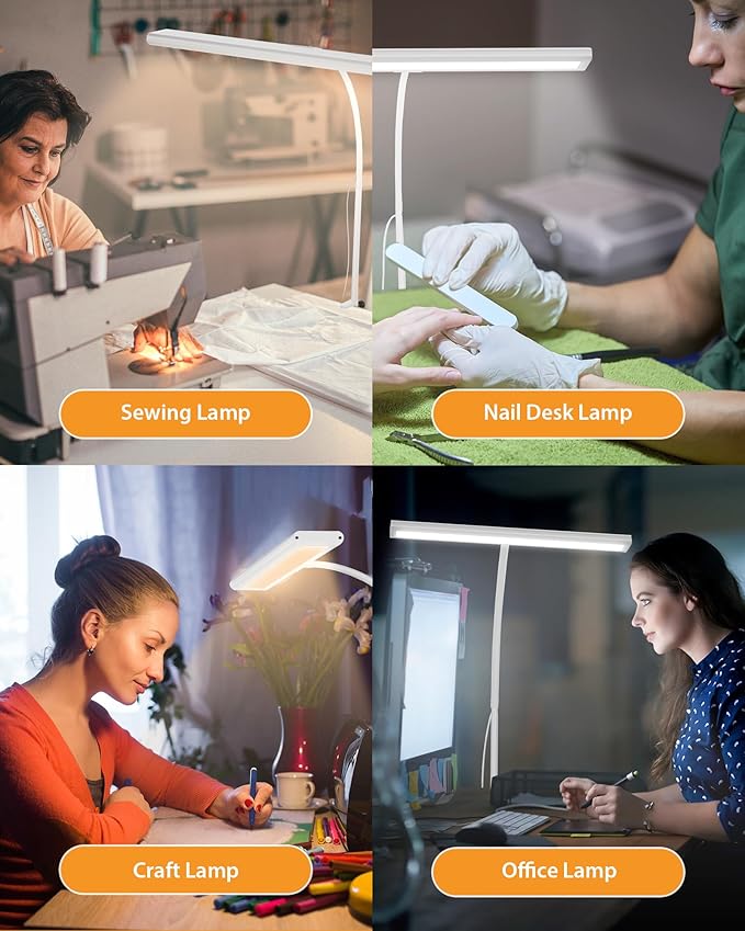 Clamp Desk Lamp with Adjustable Brightness, Eye-Caring LED, Rotatable Head, USB Powered, Space-Saving Design for Office, Reading, Work, and Home Desktop Lighting - White
