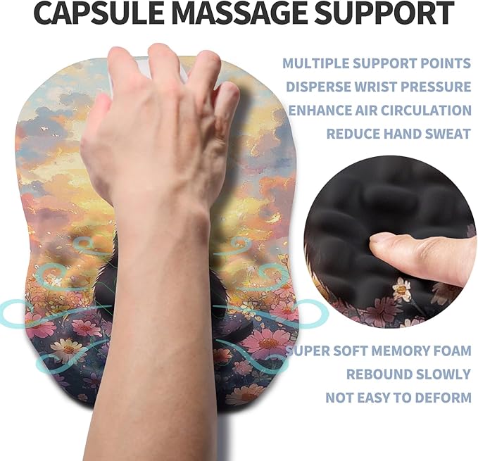 Ergonomic Raised Mouse Pad Wrist Support with Bilateral Slope Memory Foam Mousepad for Wrist Rest and Carpal Tunnel 11.8x7.9〃Flower Sea Cat