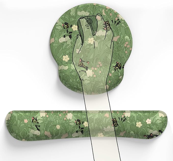 Cute Flower Mouse Pad Wrist Support Ergonomic Green Hide Out Cat, Keyboard Mouse Wrist Rest Non-Slip Gel Anime Kawaii 3D Mouse Pads Wrist Pad,Easy Typing, Comfortable Computer Mouse Pad.