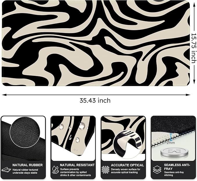 iCasso Desk Mat, XXL Large Gaming Mouse Pad, Anti-Slip Rubber Base Mousepad with Stitched Edges, Keyboard Mouse Mat Big Desk Pad for Work, Game, Office, Home, Zebra Black