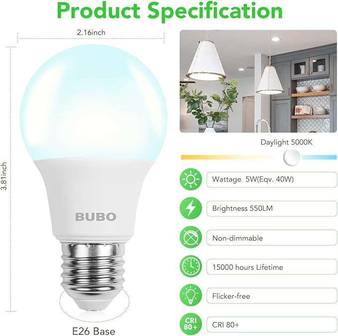 BUBO A19 LED Light Bulbs, 40 Watt Equivalent LED Bulbs, Daylight 5000K, 550 Lumens, E26 Standard Base, Non-Dimmable, 5W Daylight LED Bulbs for Bedroom Living Room Home Office, 24 Pack