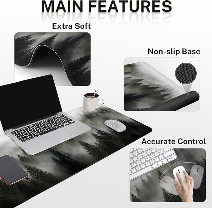 Arttown Misty Desk Mat Forest Mouse Pad Set 4 in 1 Tree Foggy Ergonomic Design Large Desk Pad + Keyboard Wrist Rest + Mouse Wrist Rest + Coaster Suitable for Home Office Study Game