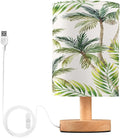 Tropical Palm Tree Bedside Table Lamp for Bedroom Nightstand, Small Eye Care LED Desk Reading Lamp USB Port Wood Base Round Flaxen Fabric Shade for for Kids Room Living Room Office Desk