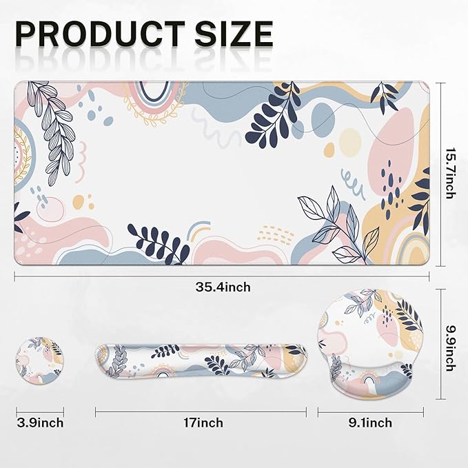 Arttown Pink Blue Desk Mat Leaves Mouse Pad Set 4 in 1 Spring Tropical Colorful Ergonomic Design Large Desk Pad + Keyboard Wrist Rest + Mouse Wrist Rest + Coaster Suitable for Home Office Study Game