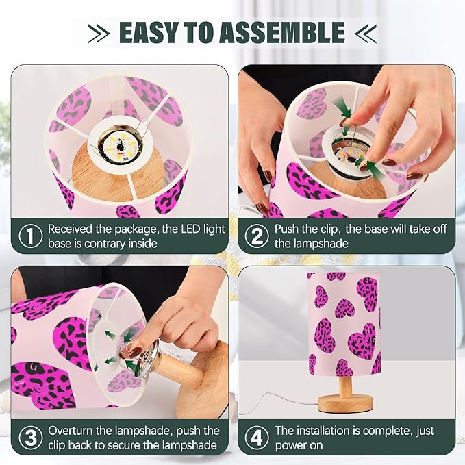 Purple Leopard Heart LED Table Lamp, Bedside Lamp with Linen Lampshade, Flicker-Free Eye Care USB Plug in Nightstand Lamp, for Bedroom and Office