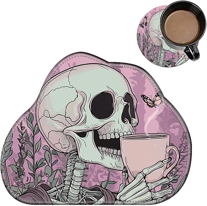 Cute Mouse Pad Plus 1 Coaster, Small Gaming Mouse Mat 11.8 x 9.45 inches, Travel Mouse Pads with Durable Stitched Edges Non-Slip Base, Skull Coffee Pink Decor Mousepad for Office Home