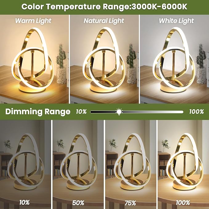Modern LED Table Lamps, LED Spiral Table Lamp, 3 Color Dimmable Bedside Lamp, Touch Control Nightstand Lamp with USB/Type C for Bedroom, Small Gold Table Lamp for Home Decor Living Room Bedroom Office