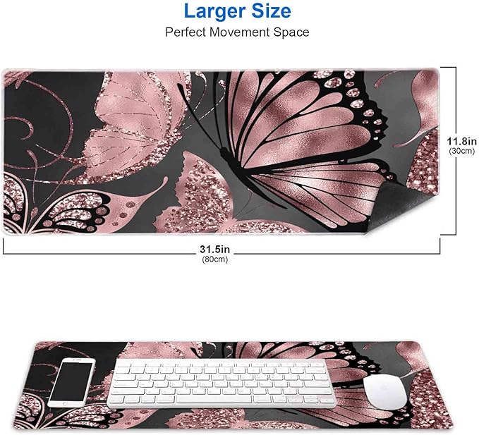 IMAYONDIA Gaming Mouse Pad for Women, Large Non-Slip Rubber Base Mousepad with Stitched Edges, Keyboard Mouse Mat Desk Pad for Work, Game, Office, 31.5x11.8 Inch - Rose Gold Glitter Foil Butterfly