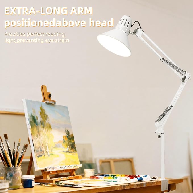 LED Desk Lamp With Clamp for Office Home, Eye-Caring Clip on Light with Adjustable Extra Tall Metal Swing Arm, High Intensity Clamp w/A19 E26 Bulb for Working Reading, 3000k Table Lamps Warm Light
