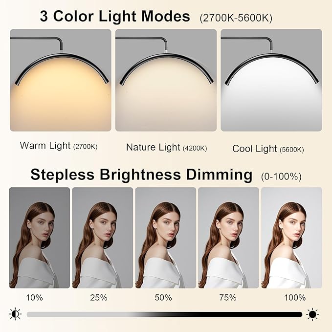 Half Moon Lash Light with Phone Holder, 28" LED Esthetician Floor Lamp for Eyelash Extensions, Dimmable Professional Beauty Light for Lash Artists, Tattoo, Nail Art, Facial, Skincare & PMU Salon