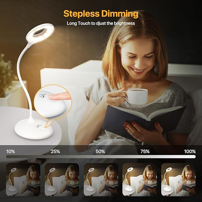 Rechargeable Desk Lamp Cordless with 3 Color Modes, Touch Control 30 LEDs Table Lamp, Stepless Dimming Reading Light, 360° Flexible, Portable Eye-Caring Sleep Aid for Dorm Study Office Bedroom