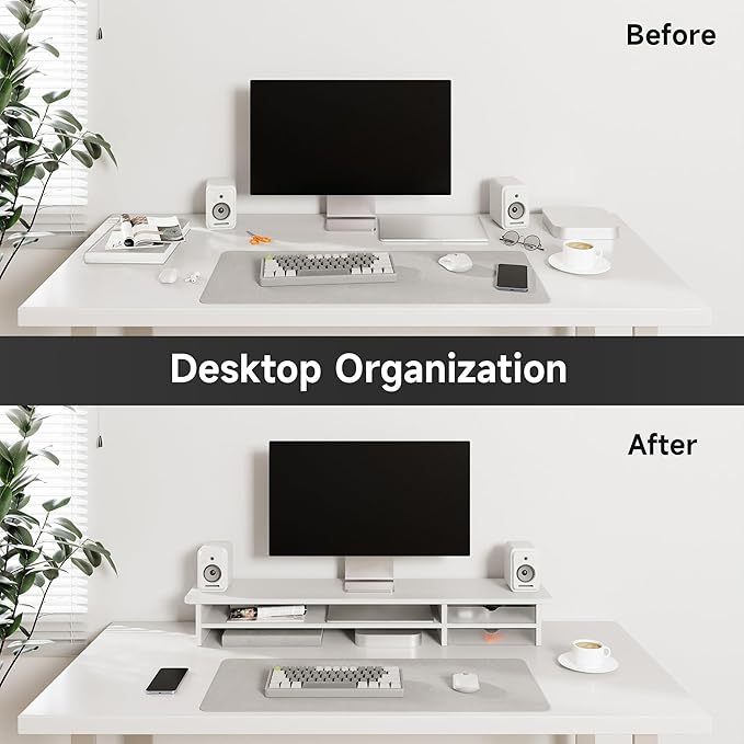 Fenge Monitor Stand, Dual Monitor Riser, 42.5inch Large Desk Computer Monitor Stand Riser with Drawer, 2 Tier Wood & Acrylic Desktop Organizer for Computer, Laptop, Printer, TV Screen Riser