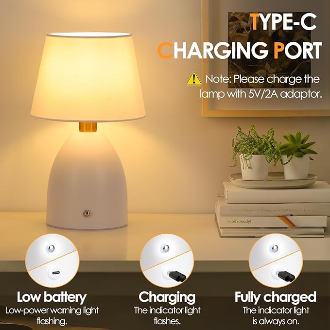 GGOYING Cordless Table Lamp Set of 2, 5400mAh Rechargeable Battery Powered Desk Lamp, 4-Level Brightness Dimmable Bedside Night Light for Bedroom Camping Balcony, White