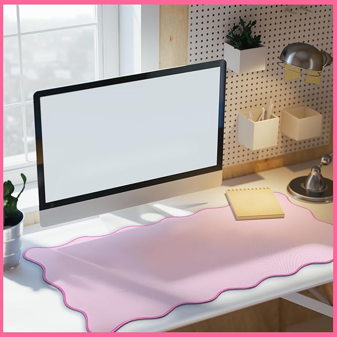 Scalloped Desk Mat Large Scalloped Piping Cute Desk Mat Aesthetic Preppy Table Pad Large Nonslip Pad with Edge Stitching Waterproof Gaming(Pink,36 x 17 Inches)