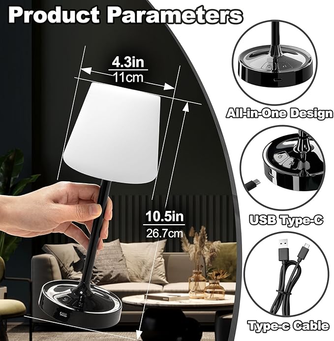 Small Shower Lamp Waterproof: Table Lamp with 4000mAH Battery - Rechargeable 3 Dimmable Cordless LED Lamp for Desk Bedroom Living Room Bathroom - Black Touch Light for Parents Kids