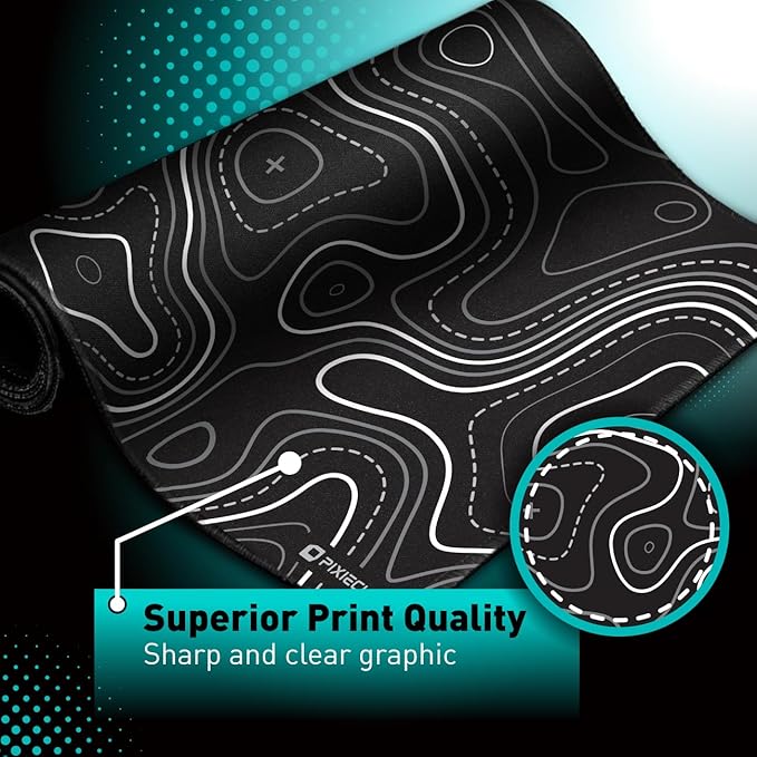 Minimalist Topographic Map Mouse Pad - Contour Extended Large Stitch Edge Mousepad. Black & White Non-Slip XXL Gaming Desk Mat