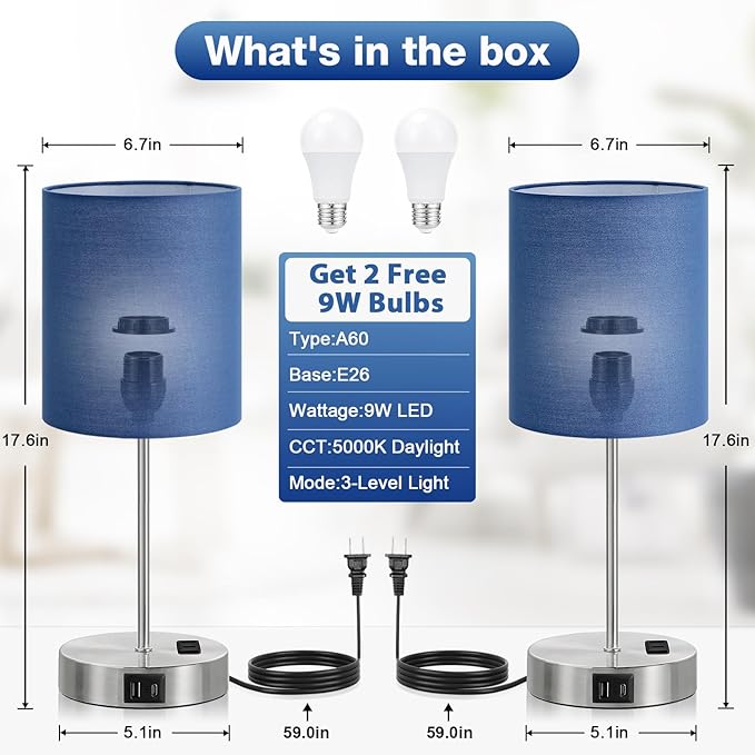 Blue Touch Lamps for Nightstand Set of 2 - Bedside Table Lamp for Bedroom with Dual USB Ports & AC Outlet, 3-Way Dimmable Lamps for Living Room Boys Room, Night Light with 5000K Daylight Bulbs