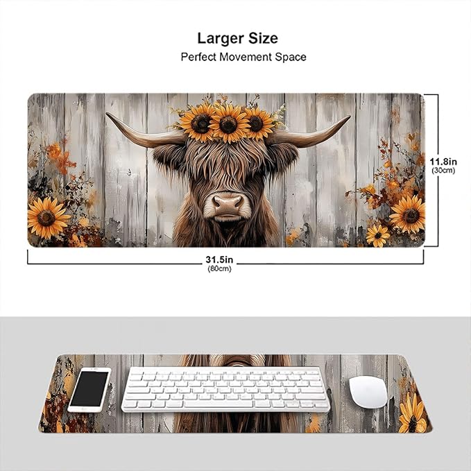 Cute Highland Cow Desk Pad Mouse Pad Watercolor Painting Sunflowers Wooden Large Gaming Mouse Mat with Stitched Edges,Non-Slip Waterproof Rubber Base Mous Mat Office Computer Keyboard Laptop Home