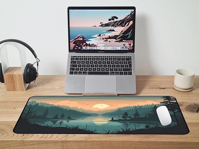 Sunset Lake Mouse Pad XXL, Green Forest Plant Desk Pad, Large Computer Pad, Game Mouse Mats Large, Full Desktop Pad, Natural Landscape Desktop Decor Home Office Desk Accessories 31.5"X15.7"