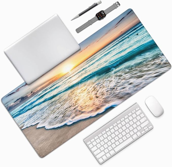 Gaming Mouse Pad,Large Mouse Pads for Desk,Non-Slip Rubber Base Extended Mousepad,XXL Keyboard Mouse Mat,Stitched Edges Computer Keyboard Desk Pad,35.4x15.8inch,Beautiful Sunrise Beach