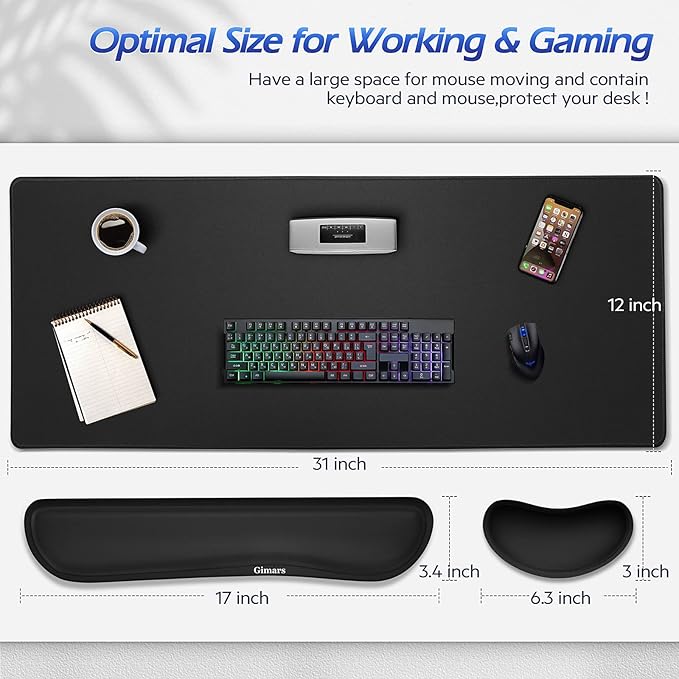 Gimars 4 in 1 Mouse Pad and Keyboard Wrist Rest Set, Large Mouse Pad with Memory Foam Wrist Support Pad for Desk with Coaster, Easy Typing, Gaming Office Home, 31.5x12 inch, Black