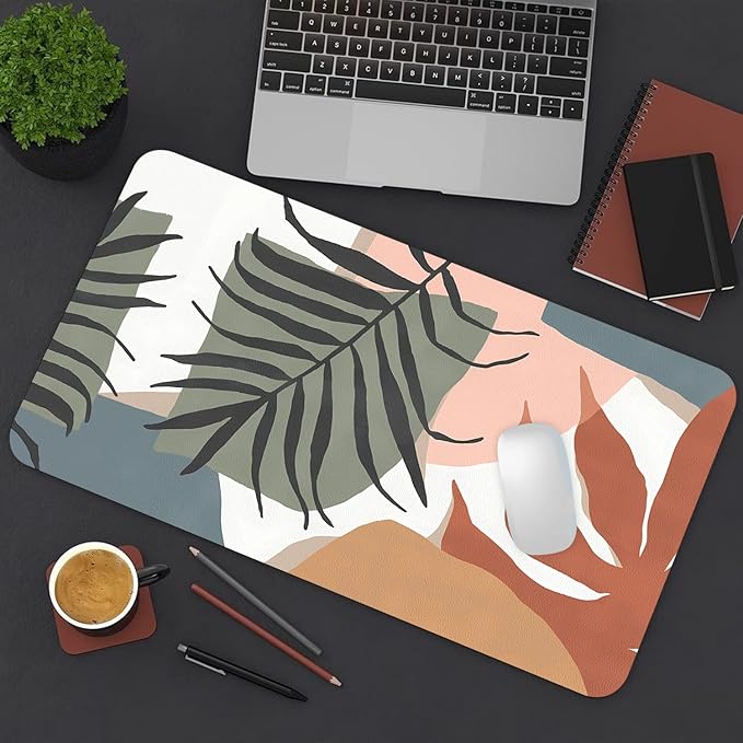 Desk Mat Large Protector Pad 27.5" ×13.8", Non-Slip PU Leather Desk Blotter, Waterproof Mouse Pad for Office Home Abstract Leaf