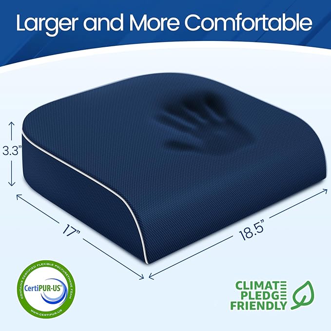 Seat Cushion for Tailbone Pain Relief, Office Chair Cushion, Memory Foam Large Chair Cushion with Non-Slip Cover for Soft Support at Office Chair, Car Seat, Airplane Dark Blue/X-Large