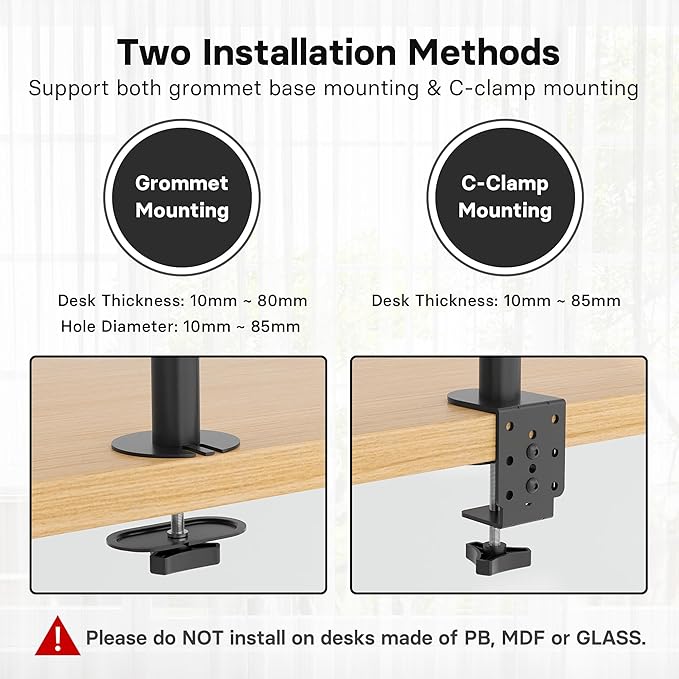 BONTEC Triple Monitor Desk Mount, Supports 13-32 Inch Screens, Full Motion Adjustability, VESA 75x75/100x100mm, Up to 22lbs per Arm, C Clamp and Grommet Mounting Options, Cable Management