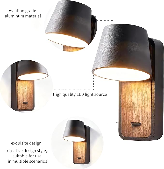 Black & Wood Grain Wall Sconce - 5W 3000K Warm Glow, Flicker-Free Eye-Care LED, Aviation-Grade Aluminum, Decorative Wall Light for Living Room Bedroom
