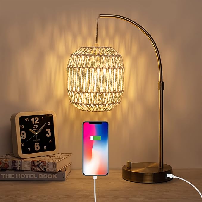 Tall Industrial Gold Rattan Table Bedside Lamp for Bedroom with USB Charge Port, Boho Woven Nightstand Lamp Home Office Couch Side Living Room Decoration Desk Lamp Gold & White