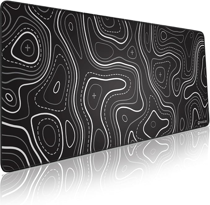 Minimalist Topographic Map Mouse Pad - Contour Extended Large Stitch Edge Mousepad. Black & White Non-Slip XXL Gaming Desk Mat