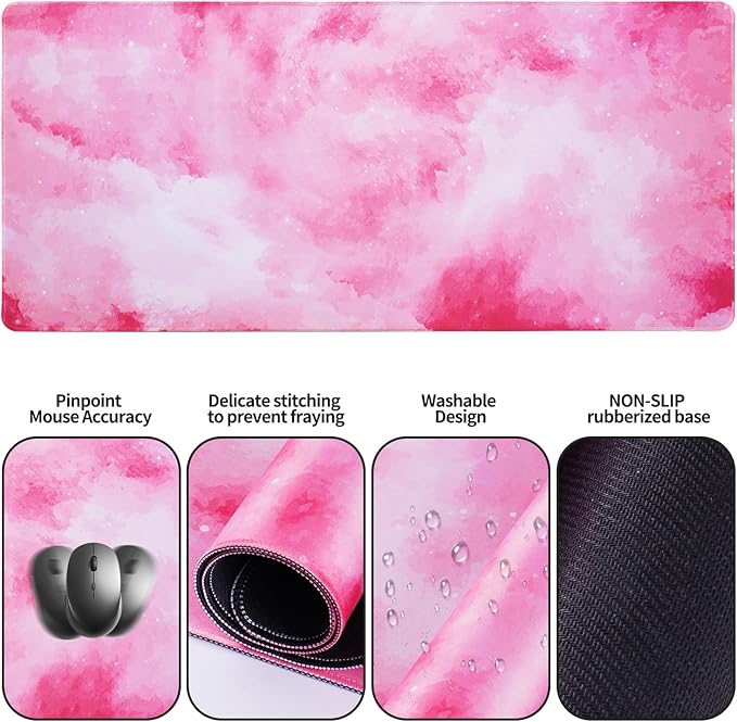 Bloss Clouds Mouse Pad and Keyboard Wrist Rest, 4-in-1 Desk Mat, Cute Desk Pad Easy Typing & Comfort, Desk Decor for Women Girls-Pink Clouds (35.4 x 15.7 Inches)