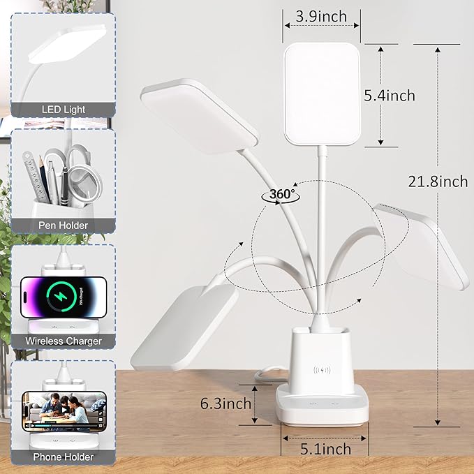Wireless Charging Desk Lamp with Pen Holder, 800LM Dimmable Office Light with 3 Color Modes, 8W LED Table Lamp for Computer Desk, Studying, White