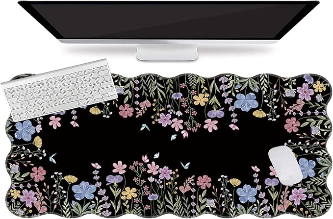 L-SPOUTTO Floral Mouse Pad,Botanical Desk Mat XXL Large Scalloped Black Gaming Mousepad,35.4x15.7in Non-Slip Rubber Base Keyboard Pad Waterproof Desktop Mat for Laptop Computer Game Home Office-Flower