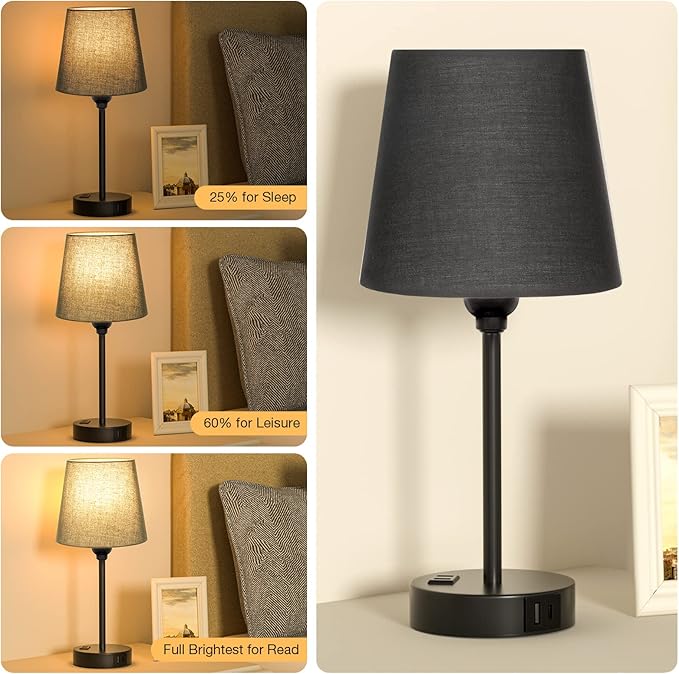 Acaxin Black Lamp for bedrooms Set of 2 - Nightstand Bedroom Lamp with USB C Port and AC Outlet Charging, 3 Way Dimmable Touch Control Bed Side Table Lamp, Small Night Stand Light for Men/Kids