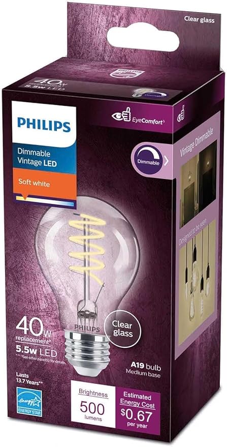 PHILIPS LED 40W A19 1-Pack Vintage Edison Spiral Soft White (2700K) 500 Lumen (5.5W = 40W) Dimmable Clear Flicker-Free Light Bulb