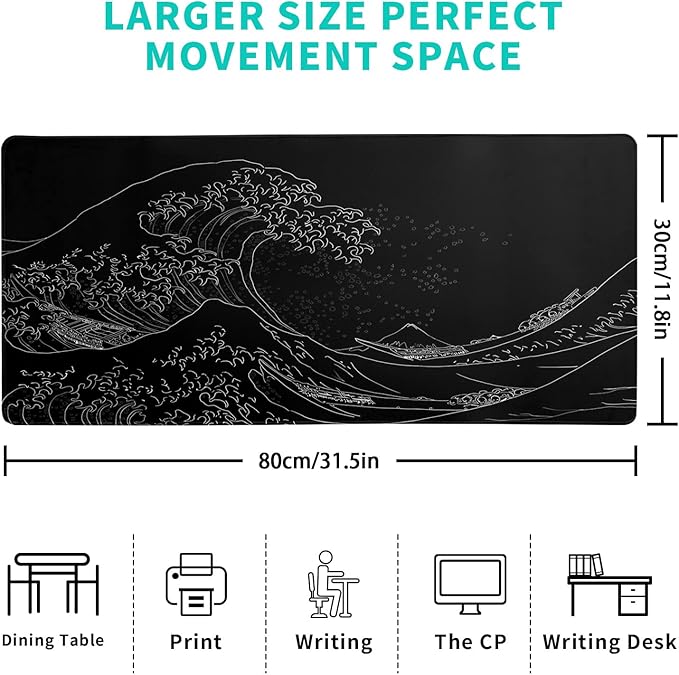 Japanese Sea Wave Large Mouse Pad, Anime Black Gaming, Extended Kanagawa Mat Desk Pad, 3mm Thick Long Non-Slip Rubber Base Mice Pad, 31.5 X 11.8 Inch