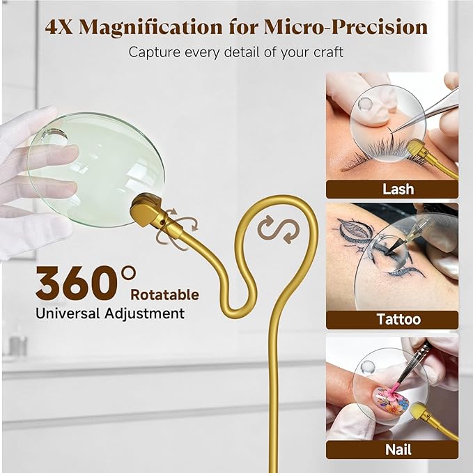 Half Moon Lash Light - Bling Diamond Lash Lamp with 4X Magnifier & Phone Holder, Adjustable Floor Lamp for Eyelash Extensions, Nail Art, Tattoo, Skincare, Dimmable Brightness, Rotating Head, Gold