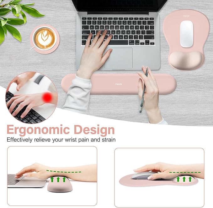 MOSISO Wrist Rest Support for Mouse Pad&Keyboard Set, Curved Ergonomic Mousepad&Coaster Non-Slip Base Home/Office Pain Relief&Easy Typing Cushion with Soft Cloth&Silicone Lining, Pink