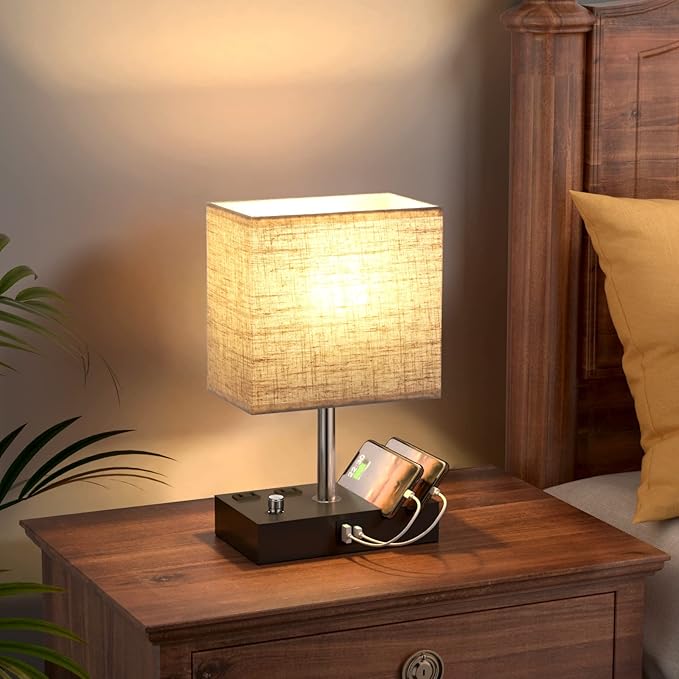 Kakanuo Table Lamp for Bedroom with Dual USB Ports, Beige Fully Dimmable Bedside Lamp with Phone Stands and 2 Charging Outlets, Desk Lamp for Nightstand and Living Room, LED Bulb Included