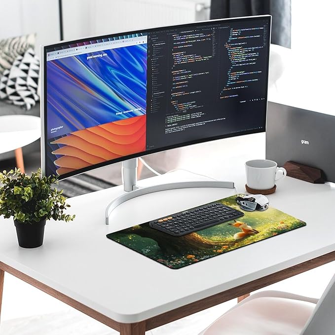 Cute Fox Mouse Pad, Large Extended Desk Mat 30x60cm (12"x24"), Forest Animal Gaming Mousepad with Non-Slip Rubber Base, Stitched Edges, Water-Resistant for Office Home