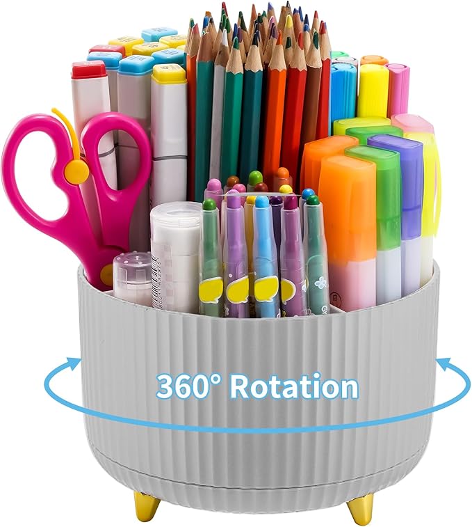 Marbrasse Desk Organizer, 360-Degree Rotating Pen Holder, Desk Organizers and Accessories with 5 Compartments Pencil Holder, Art Supply Storage Box Caddy for Office, Home (Grey)