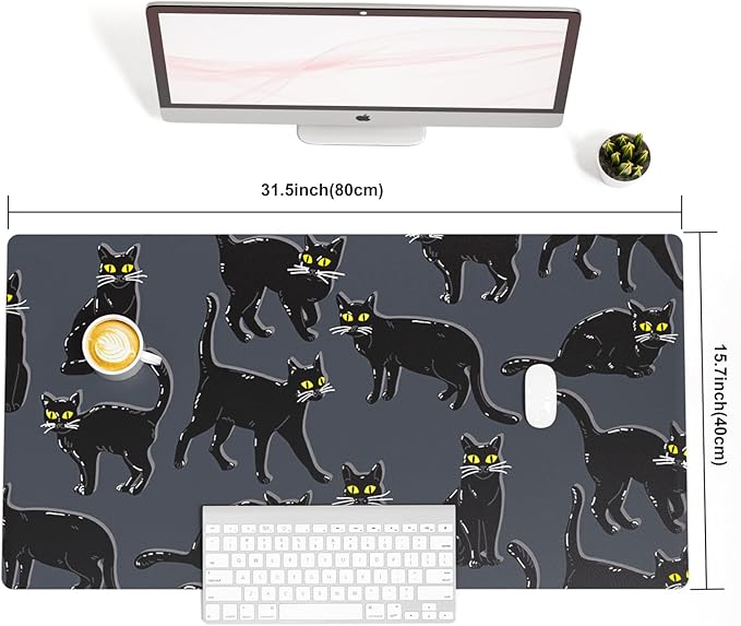 Colorful Star Black Large Mouse Pad, Cute Cat Waterproof Office Desk Mat, Non-Slip Gaming Mouse Pad, XXL PC Laptop Protector Pads, PU Leather Desk Writing Pads for Office Home, 31.5" x 15.7"