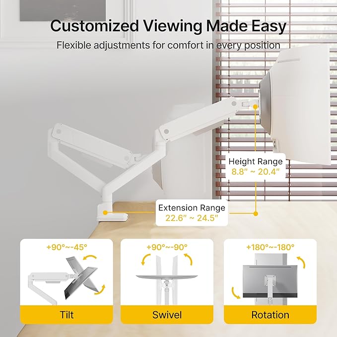 monTEK Single Monitor Arm with USB for Max 45 Inch Ultrawide Screens Adjustable Monitor Desk Mount Holds 35 Lbs Cable Management with C Clamp/Grommet Desk Mount, VESA 75/100mm