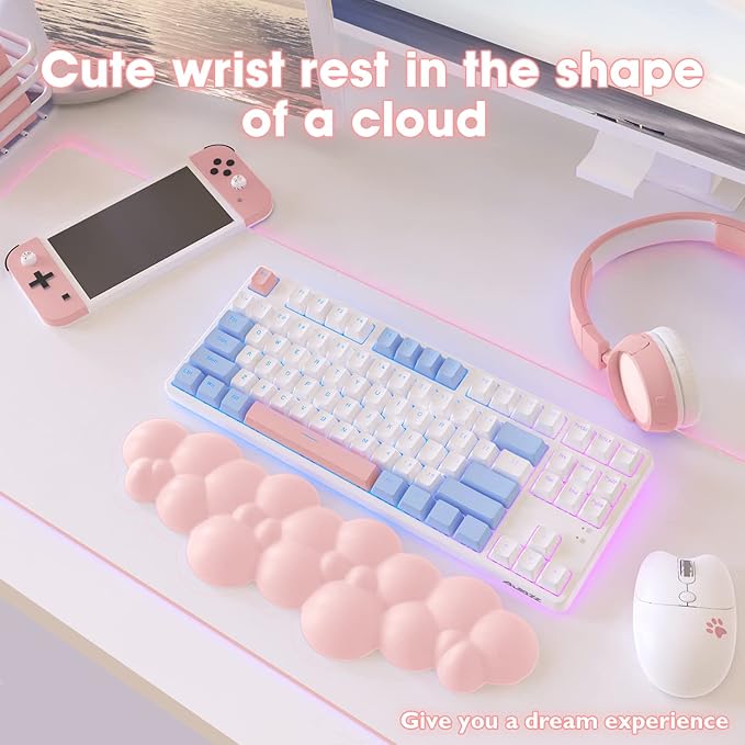 ATTACK SHARK Cloud Mouse Pad Wrist Support and Keyboard Wrist Rest,Ergonomic Design for Typing Pain Relief,Memory Foam Wrist Rest Leather Cup Coaster,Lightweight Desk Gel Hand Wrist Rests(Pink)